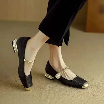 Women’s Mary Jane Flats with Pearl Strap and Metallic Toe Cap