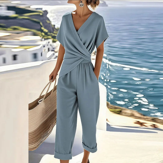 Women's Wrap Style Two Piece Set with Cropped Pants Elegant Summer Outfit