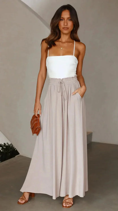 Women’s High Waist Wide Leg Pants with Drawstring and Flowing Fit