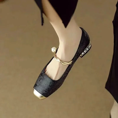 Women’s Mary Jane Flats with Pearl Strap and Metallic Toe Cap