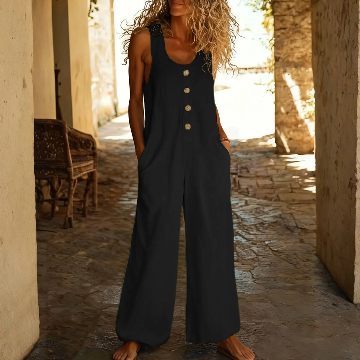 Women's Sleeveless Wide Leg Jumpsuit with Button Front
