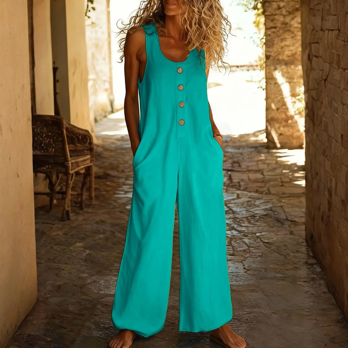 Women's Sleeveless Wide Leg Jumpsuit with Button Front