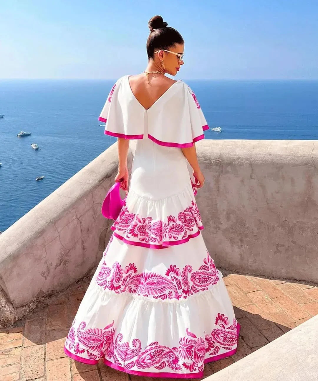 Women’s Floral Ruffle V Neck Elegant Flowing Maxi Dress