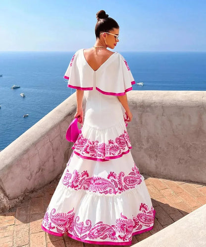 Women’s Floral Ruffle V Neck Elegant Flowing Maxi Dress