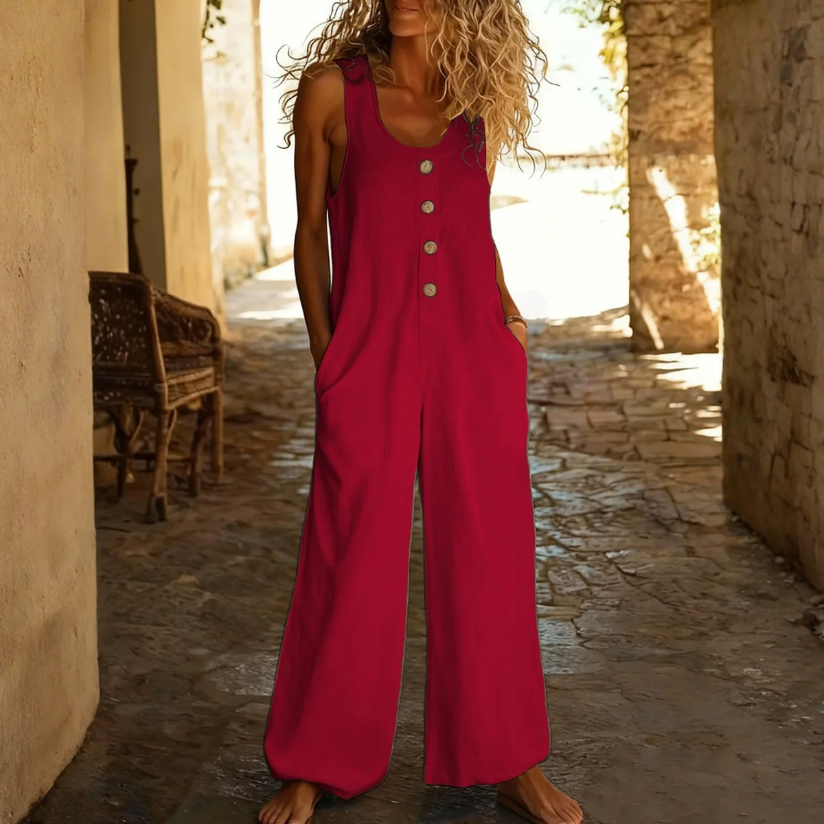 Women's Sleeveless Wide Leg Jumpsuit with Button Front