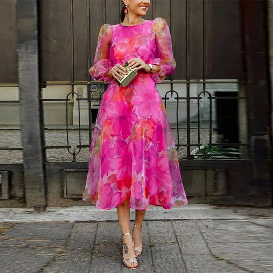 Women’s Floral Sheer Sleeve Elegant Wedding Guest Midi Dress