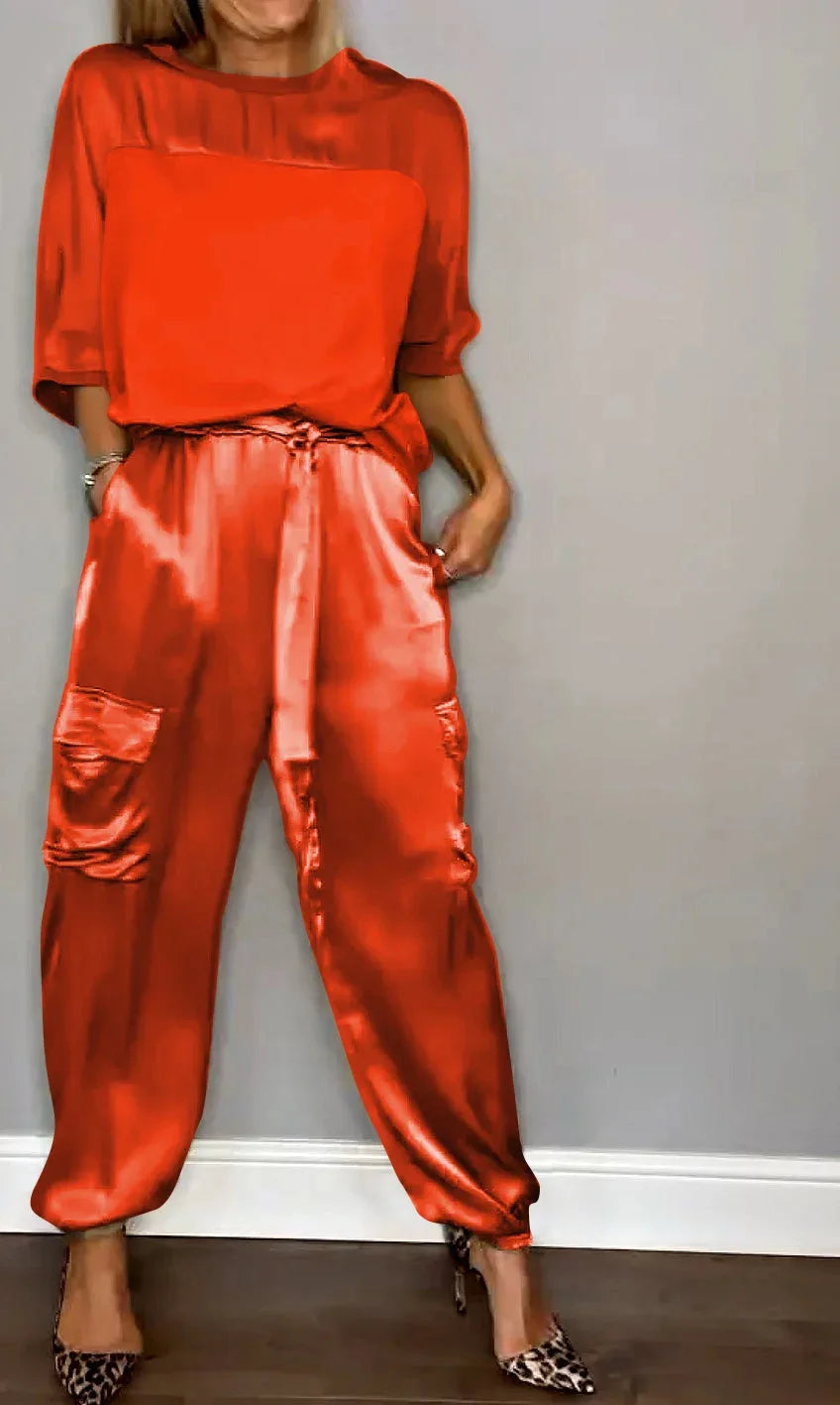Women's Satin Two Piece Set with Loose Top and Cargo Pants Elegant Casual Outfit