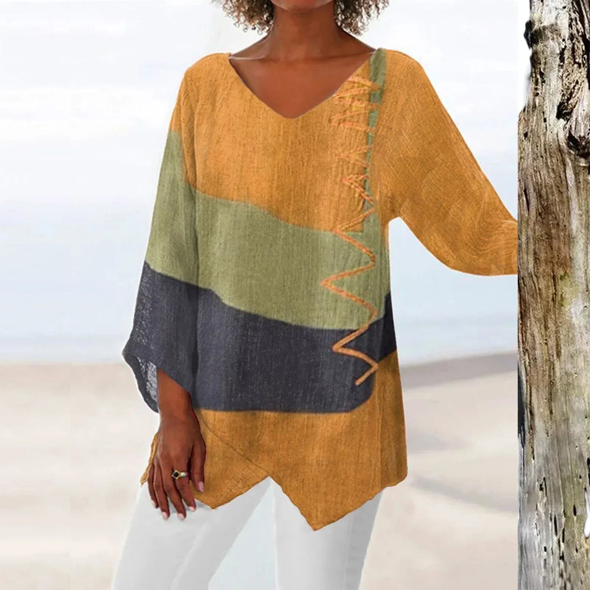 Women's V-Neck Color Block Blouse with Loose Fit