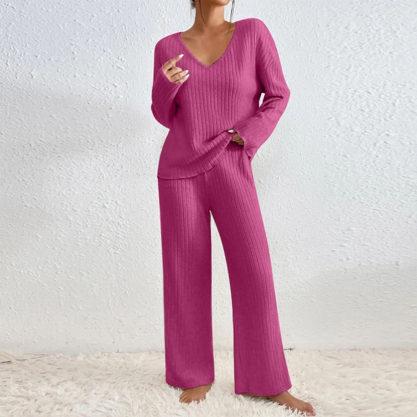 Women's Ribbed Knit Two Piece Set with Long Sleeve Top and Pants