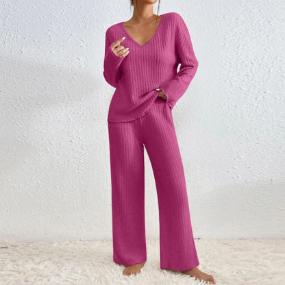 Women's Ribbed Knit Two Piece Set with Long Sleeve Top and Pants