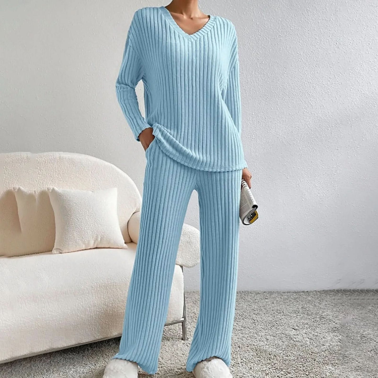 Women's Ribbed Knit Two Piece Set with Long Sleeve Top and Pants