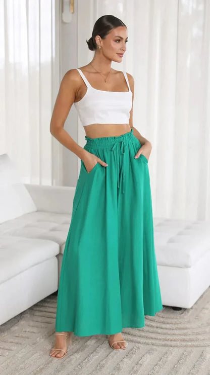 Women’s High Waist Wide Leg Pants with Drawstring and Flowing Fit