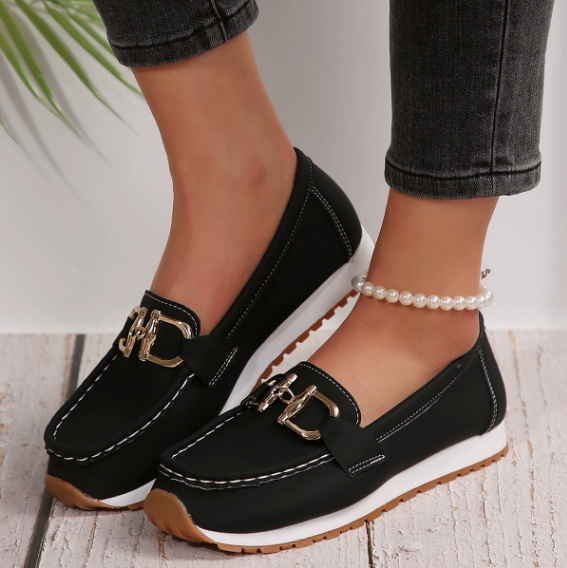 Women’s Casual Loafers with Metal Buckle and Flat Wedge Sole