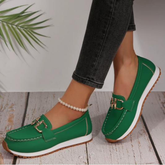 Women’s Casual Loafers with Metal Buckle and Flat Wedge Sole