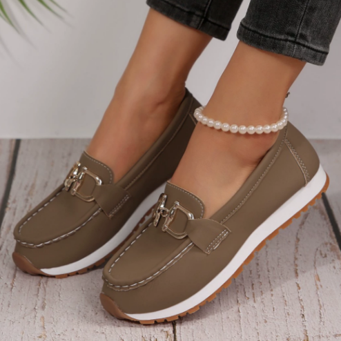 Women’s Casual Loafers with Metal Buckle and Flat Wedge Sole
