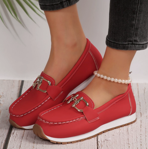 Women’s Casual Loafers with Metal Buckle and Flat Wedge Sole