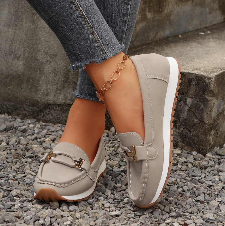 Women’s Casual Loafers with Metal Buckle and Flat Wedge Sole