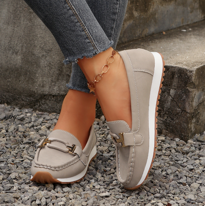 Women’s Casual Loafers with Metal Buckle and Flat Wedge Sole