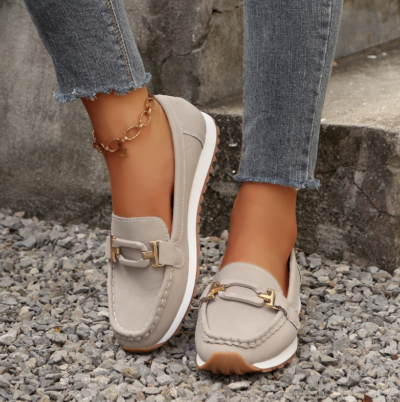 Women’s Casual Loafers with Metal Buckle and Flat Wedge Sole