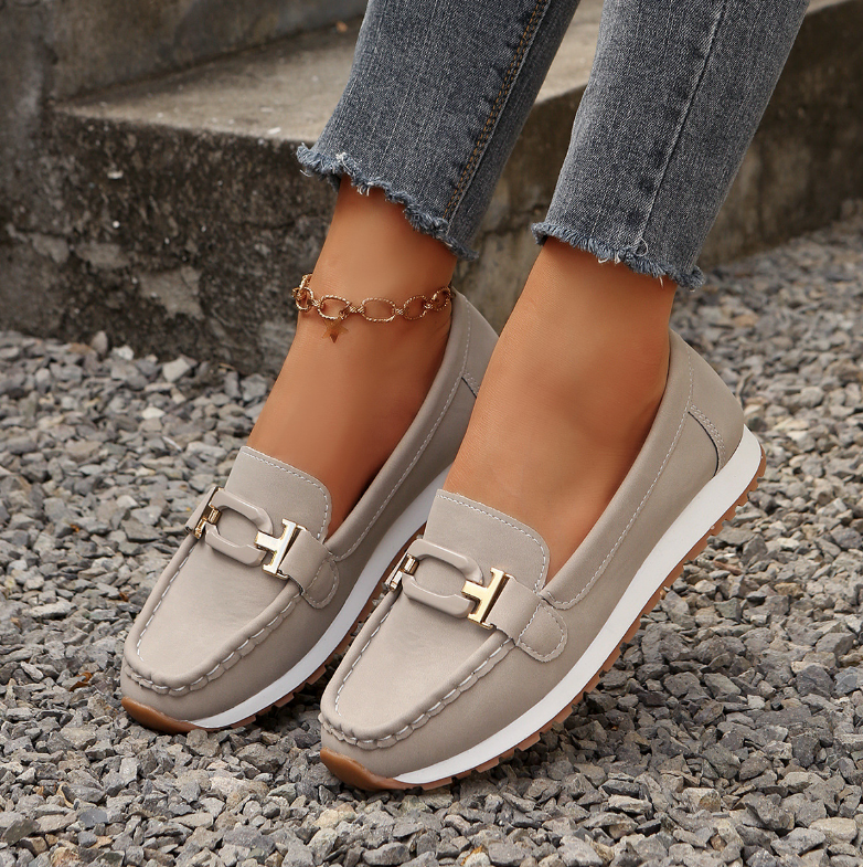 Women’s Casual Loafers with Metal Buckle and Flat Wedge Sole