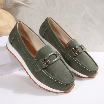 Women’s Casual Loafers with Metal Buckle and Flat Wedge Sole