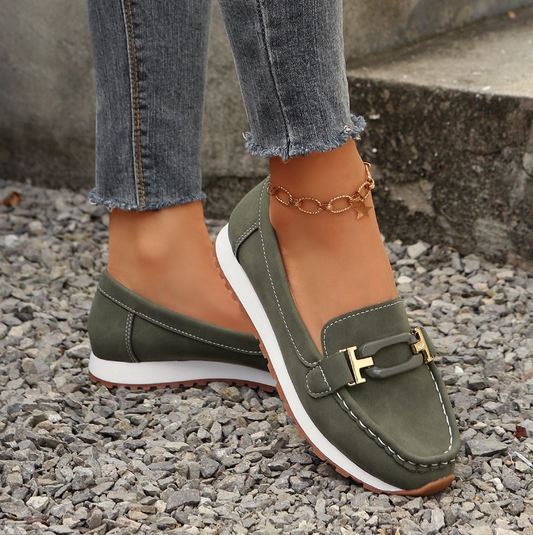 Women’s Casual Loafers with Metal Buckle and Flat Wedge Sole