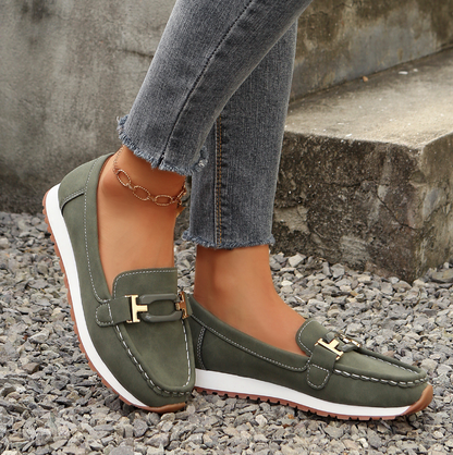 Women’s Casual Loafers with Metal Buckle and Flat Wedge Sole