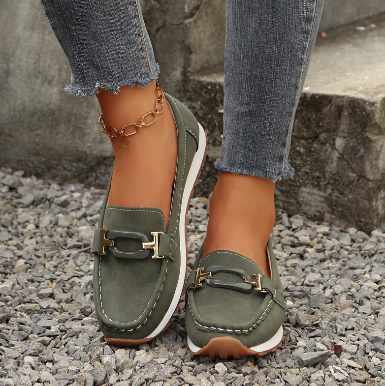 Women’s Casual Loafers with Metal Buckle and Flat Wedge Sole