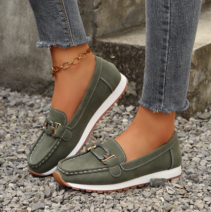 Women’s Casual Loafers with Metal Buckle and Flat Wedge Sole