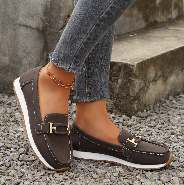 Women’s Casual Loafers with Metal Buckle and Flat Wedge Sole