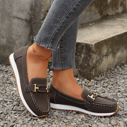 Women’s Casual Loafers with Metal Buckle and Flat Wedge Sole