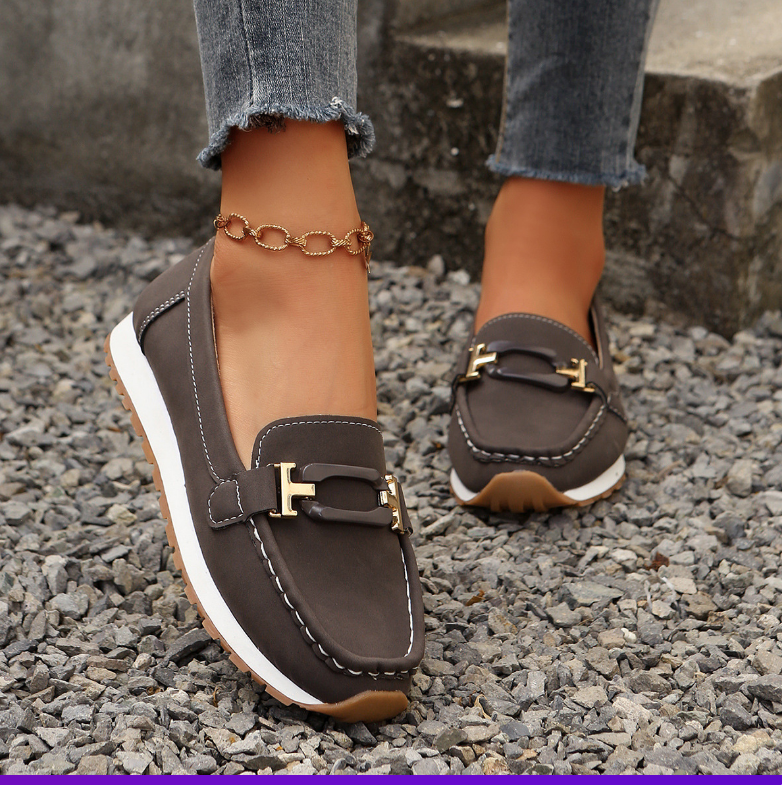 Women’s Casual Loafers with Metal Buckle and Flat Wedge Sole