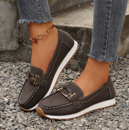 Women’s Casual Loafers with Metal Buckle and Flat Wedge Sole