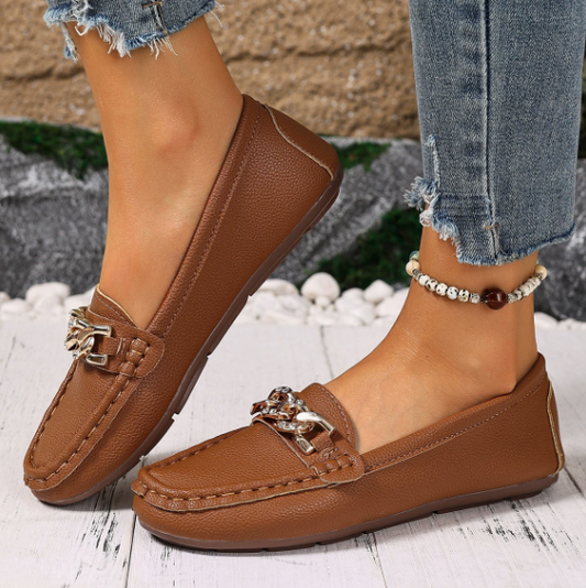 Women’s Loafers with Diamond Buckle and Flat Wedge Sole