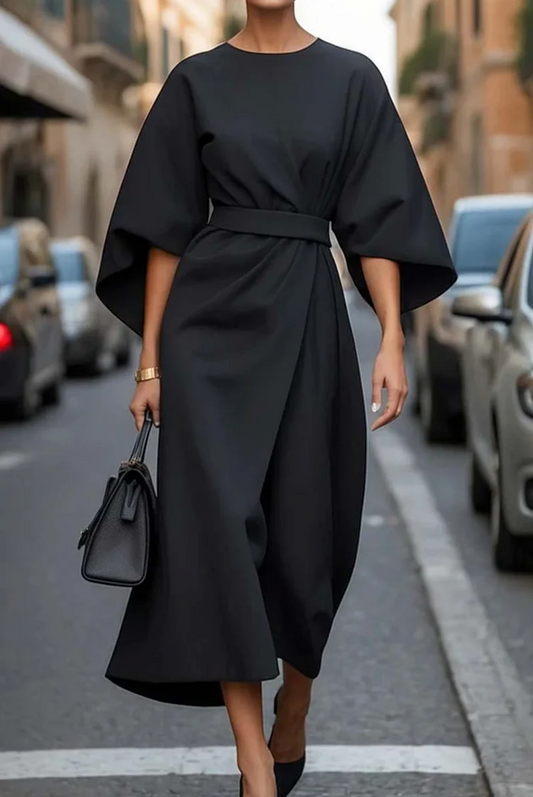 Women’s Lantern Sleeve Belted Elegant Flowing Midi Dress