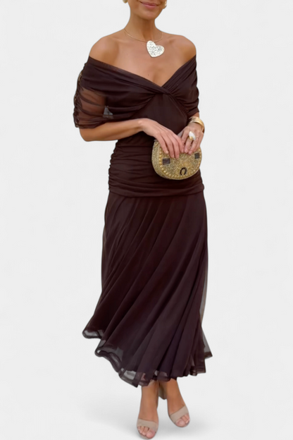 Women’s Off Shoulder Midi Dress with Fitted Waist and Flowing Skirt