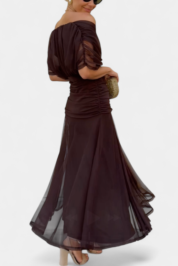 Women’s Off Shoulder Midi Dress with Fitted Waist and Flowing Skirt