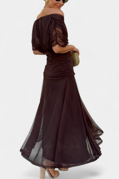 Women’s Off Shoulder Midi Dress with Fitted Waist and Flowing Skirt