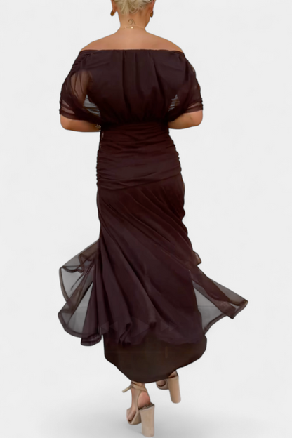 Women’s Off Shoulder Midi Dress with Fitted Waist and Flowing Skirt