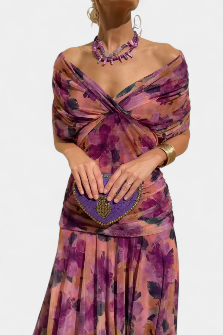 Women’s Off Shoulder Midi Dress with Fitted Waist and Flowing Skirt