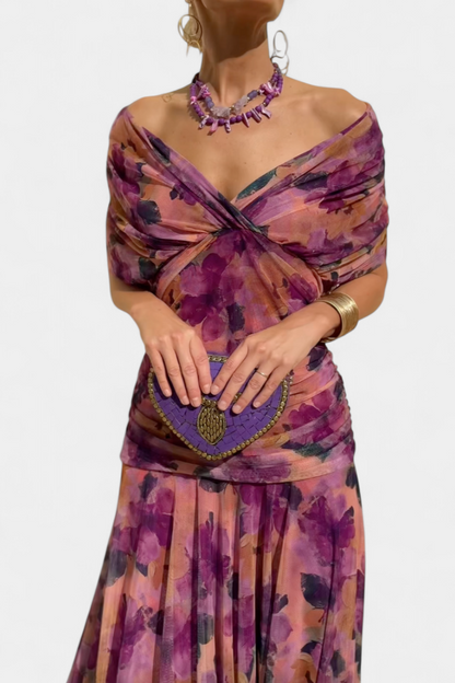 Women’s Off Shoulder Midi Dress with Fitted Waist and Flowing Skirt