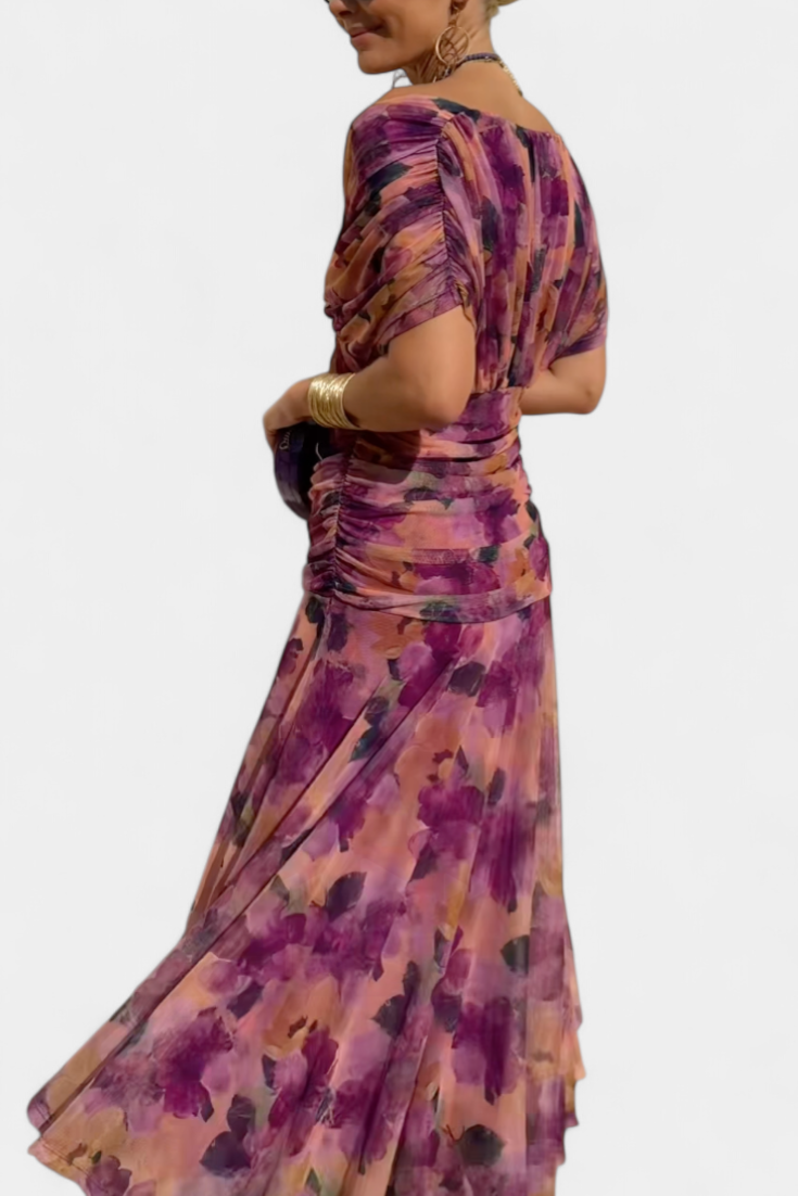 Women’s Off Shoulder Midi Dress with Fitted Waist and Flowing Skirt