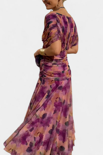 Women’s Off Shoulder Midi Dress with Fitted Waist and Flowing Skirt