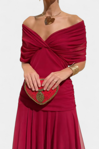 Women’s Off Shoulder Midi Dress with Fitted Waist and Flowing Skirt