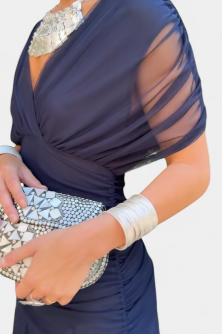 Women’s Off Shoulder Midi Dress with Fitted Waist and Flowing Skirt