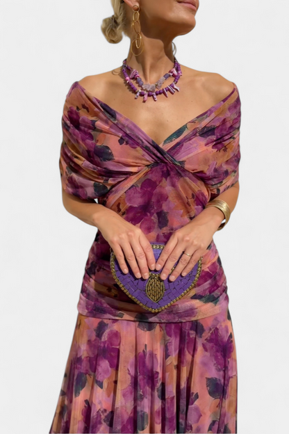 Women’s Off Shoulder Midi Dress with Fitted Waist and Flowing Skirt