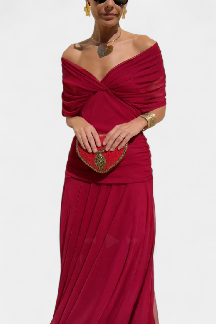 Women’s Off Shoulder Midi Dress with Fitted Waist and Flowing Skirt