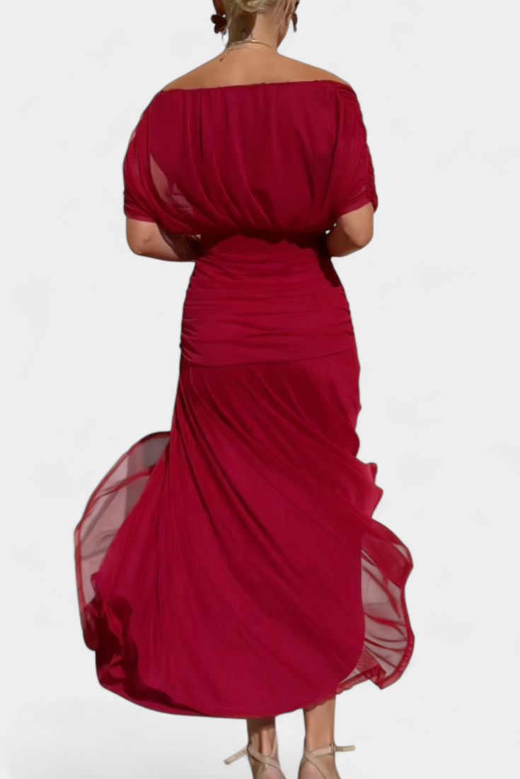 Women’s Off Shoulder Midi Dress with Fitted Waist and Flowing Skirt