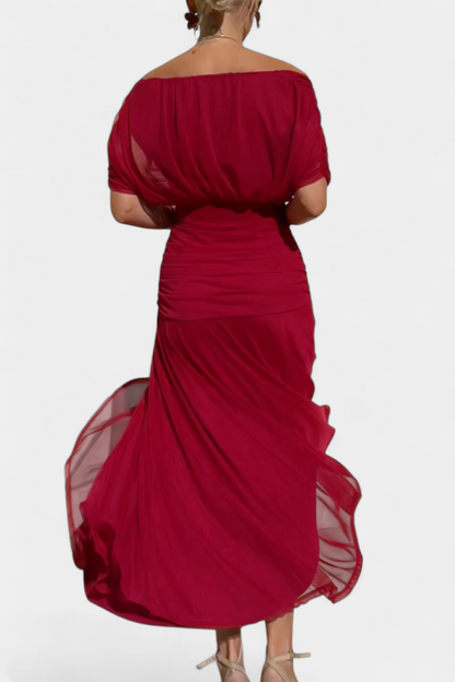 Women’s Off Shoulder Midi Dress with Fitted Waist and Flowing Skirt