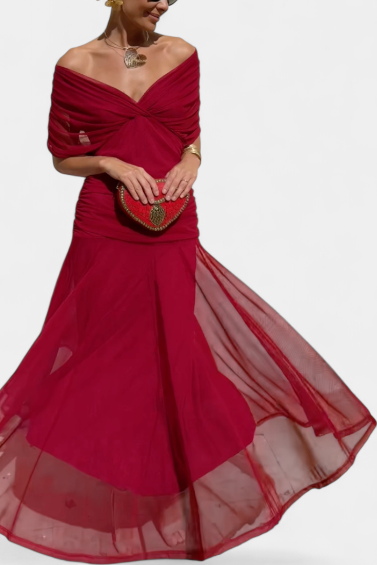 Women’s Off Shoulder Midi Dress with Fitted Waist and Flowing Skirt